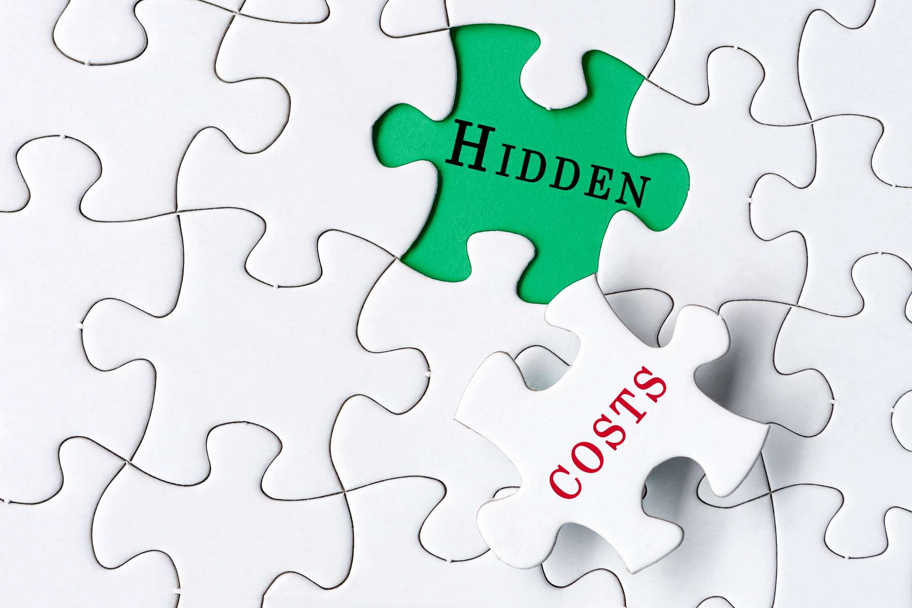 Nahaufnahme eines weißen Puzzles, aus dem ein Puzzlestück mit der Aufschrift Costs herausgenommen wurde und an dessen Stelle das Wort Hidden auf grünem Untergrund zu lesen ist.