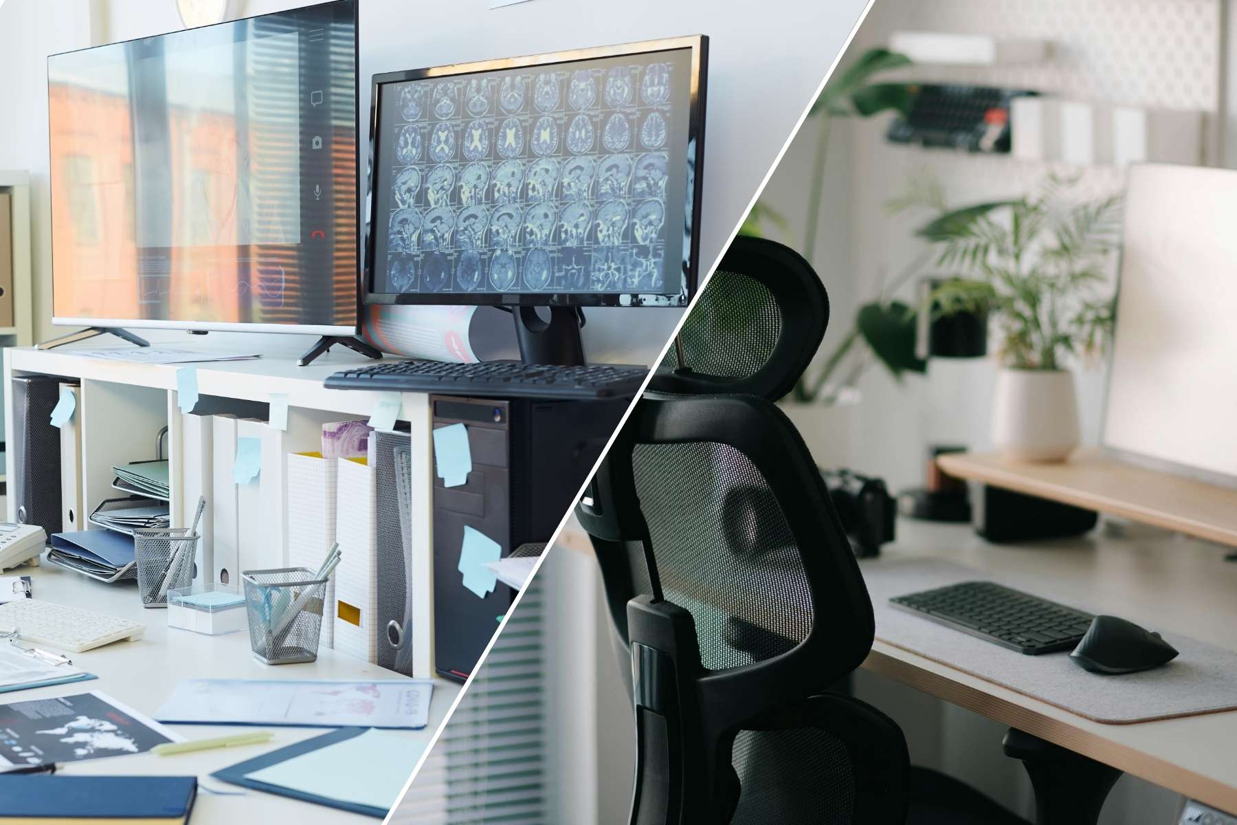 Gegenüberstellung eines nicht ergonomischen und chaotischen Schreibtischs und eines ergonomisch eingerichteten Arbeitsplatzes.