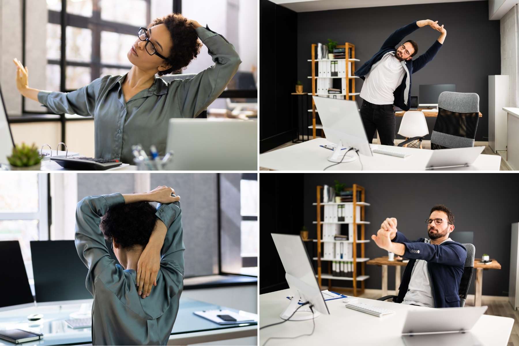 Büroangestellte machen Dehnübungen im Sitzen und Stehen am Schreibtisch.