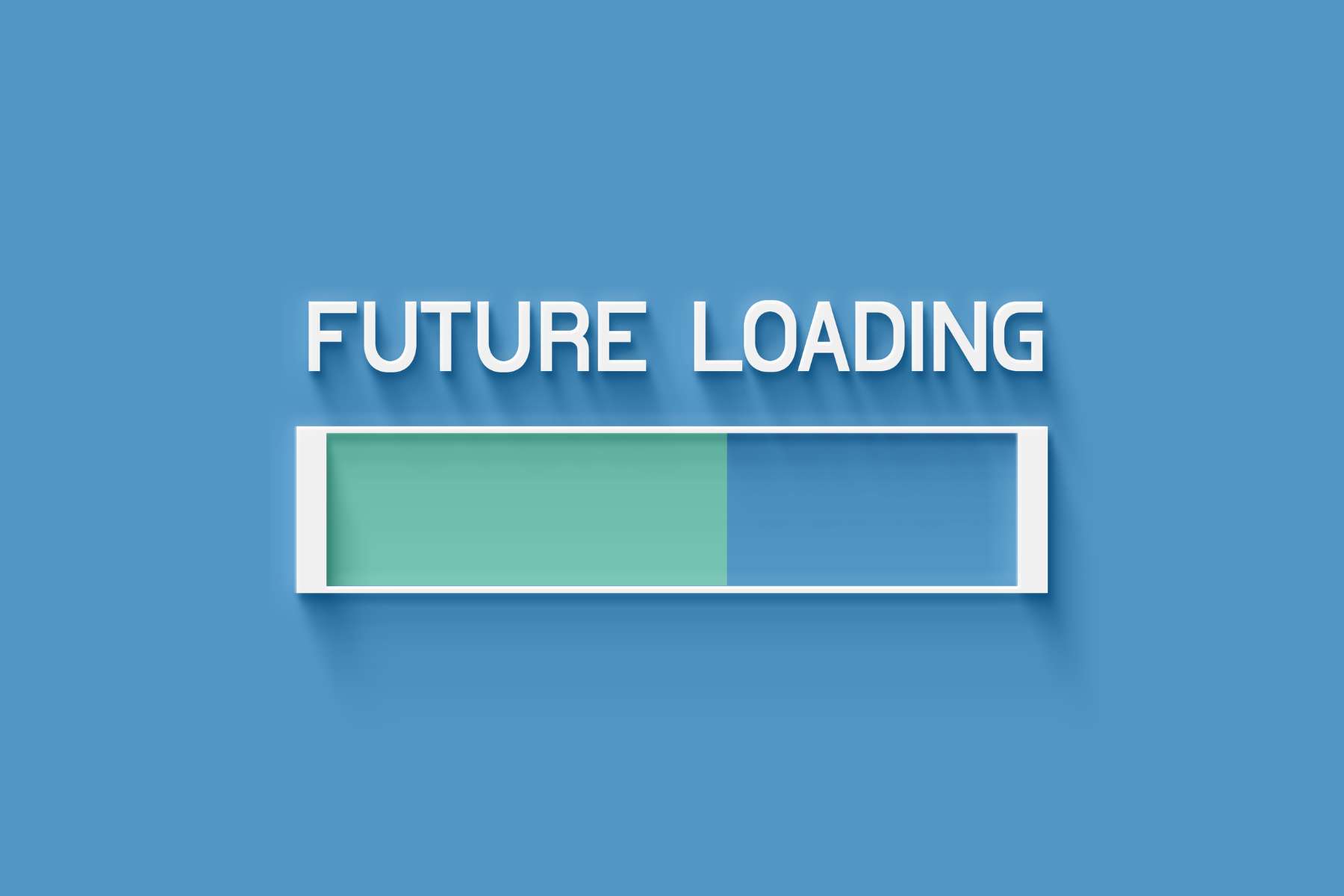 Ein halb geladener grüner Balken mit der Überschrift Future Loading auf blauem Hintergrund.