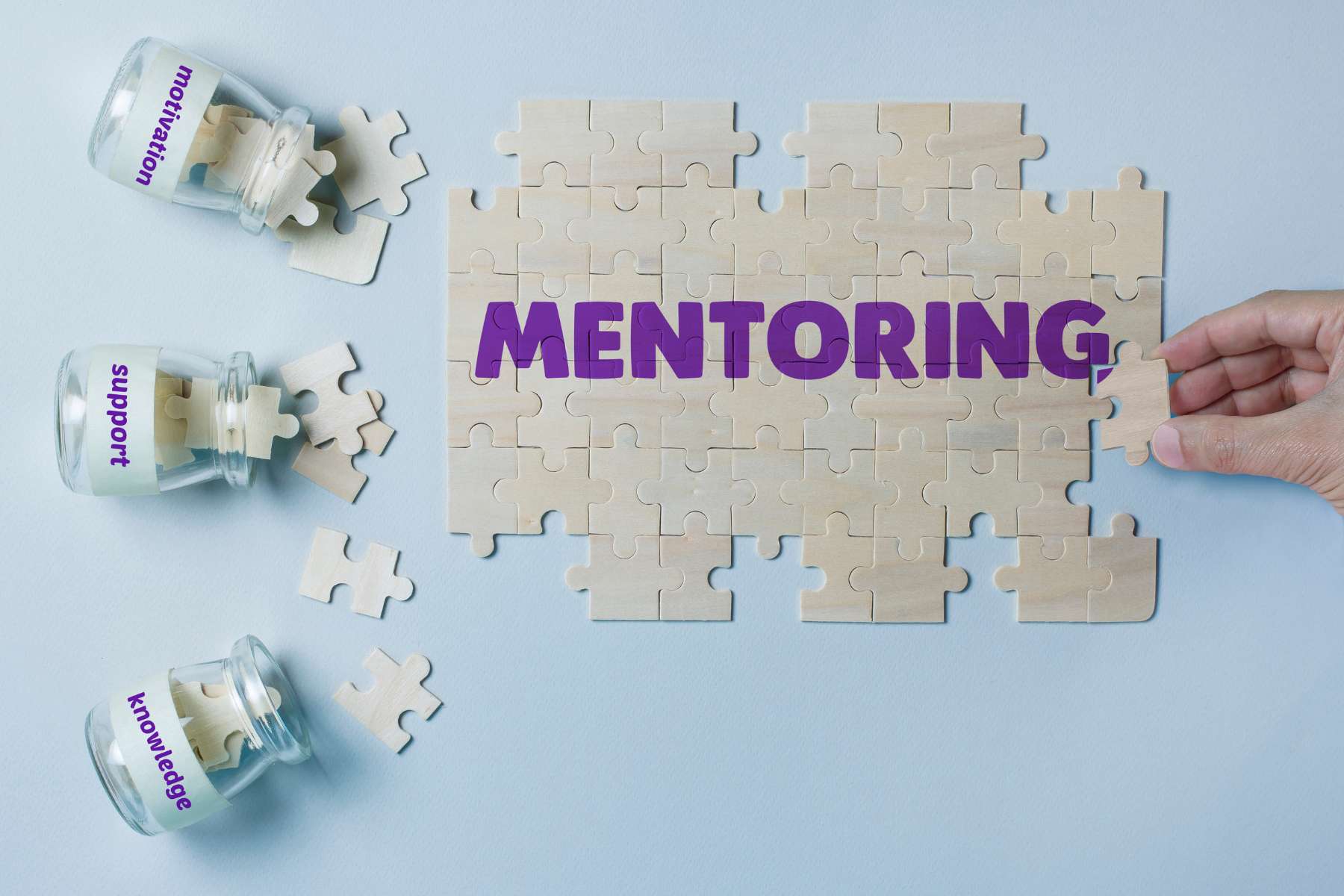 Auf hellblauem Untergrund ist eine Person gerade dabei ein Puzzle mit der Aufschrift Mentoring zusammenzubauen, während links drei Glasbehälter mit den noch fehlenden Puzzleteilen zu sehen sind, auf denen die Aufschriften Motivation, Support und knowledge zu lesen sind.