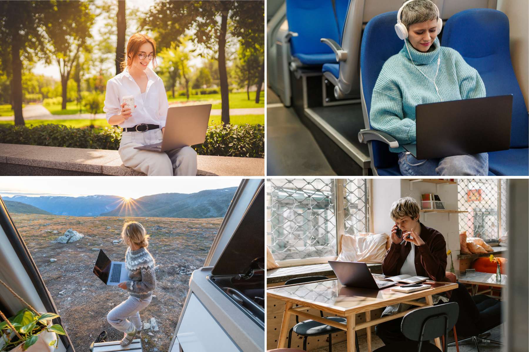 Collage aus 4 Home-Office to Go Szenarien, die verschiedene Frauen beim arbeiten an Laptops zeigen: draußen auf einer Bank, im Zug, in einem Van und in einem Cafe.