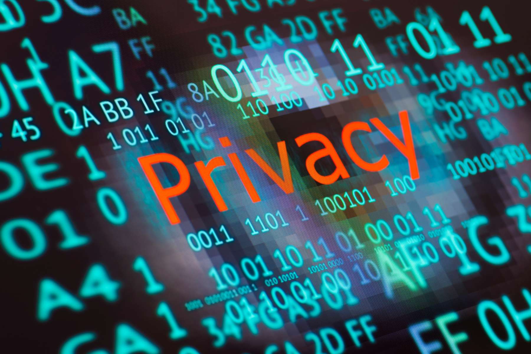 Ein dunkler Bildschirm, auf dem viele Zahlen und Buchstabend in Türkis und in der Mitte groß das Wort Privacy in Rot zu sehen sind.