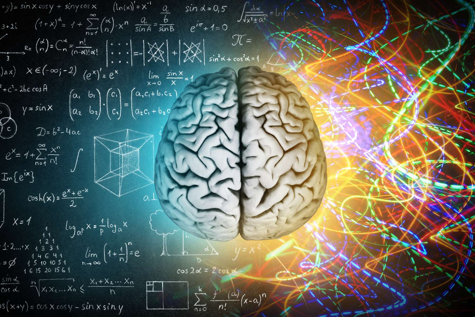 Darstellung eines Gehirns von oben, während links davon mathematische Gleichungen abgebildet sind und rechts buntes Gekritzel zu sehen ist, als Sinnbild für Neurodiversität.